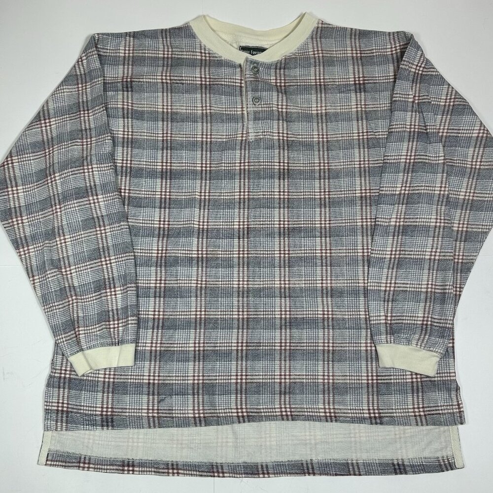Vtg Basic Equipment Clothing Men Henley Shirt Gray Plaid Long Sleeve Sz L ? Flaw